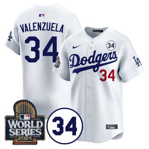 Men%27s Los Angeles Dodgers #34 Toro Valenzuela White 2024 World Series With No. 34 Patch Limited Stitched Baseball Jersey